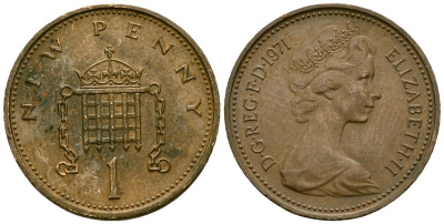 Великобритания 1 пенни 1971 Елизавета II (1952-2022) KM 915, Spink 4237 (B1) бронза 4138-1256