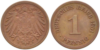 ГЕРМАНИЯ 1 ПФЕННИГ 1901 D KM 10, J. 10, Weege 2 медь 211-261