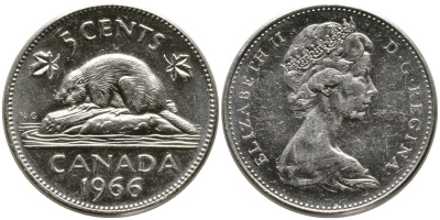 Канада 5 центов 1966 Елизавета II (1952-2022), бобер KM 60.1 никель 4543-641
