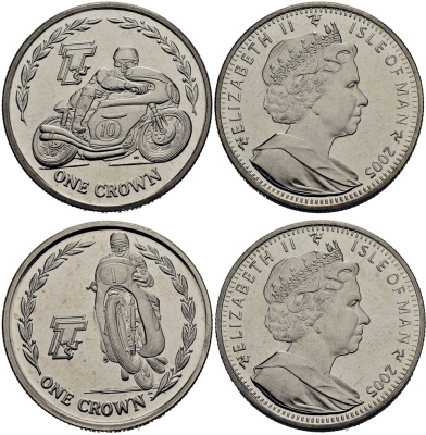 Остров Мэн 1 крона 2005 мотогонки, коллекция из двух монет КМ 1287, 1288 медно-никель UNC M94-09