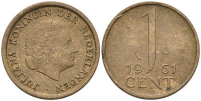 Нидерланды 1 цент 1961 Юлиана (1948-1980) КМ 180 бронза    4174-558