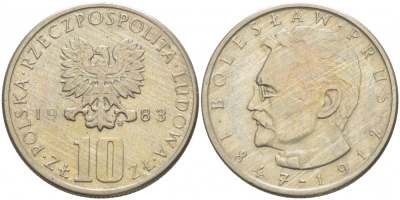 ПОЛЬША 10 ЗЛОТЫХ 1983 MW, БОЛЕСЛАВ ПРУС KM 73 медно-никель 4519-1035