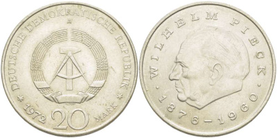 ГДР 20 марок 1972 А, Вильгельм Пик (1876-1960) KM 42 медно-никель 4521-446