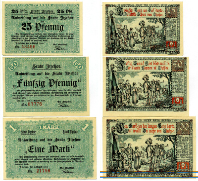 ИТЦЕХО ЛОТ ИЗ 3 БАНКНОТ 1920 2 АВГУСТА 1920, НОТГЕЛЬД (25, 50 ПФЕННИГОВ 1 МАРКА), ГОЛУБОЙ ФОН, СЕРИЯ КРАСНАЯ, ЗЕМЛЯ ШЛЕЗВИГ-ГОЛЬШТЕЙН Grabowski 649.2а бумага 2193-5-2-1