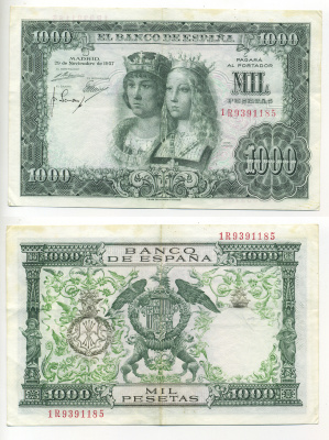 Испания 1000 песет 1957 Фернандо II Арагонский и Изабелла I Кастильская ("Рейес Католикос") Pick 149 a бумага 6278-16-3-1