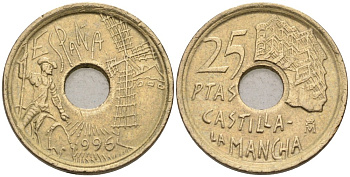 Испания 25 песет 1996 CASTILLA LA MANCHA, Хуан Карлос I KM 962 медь цинк никель 192-437