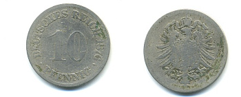 ГЕРМАНИЯ 10 ПФЕННИГОВ 1876 G, СТАРОГЕРБОВКА, KM 4, J. 4 медно-никель 4379-812