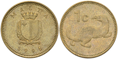 Мальта 1 цент 1998 ласка, горностай KM 93 никель латунь 4585-1244