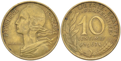 Франция 10 сантимов 1967 тип Marianne KM 929, LE FRANC 144.7 медь алюминий никель 4511-824