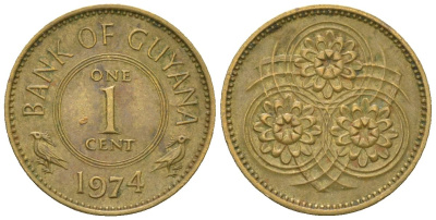 Гайана 1 цент 1974 KM 31 никель латунь 4124-341