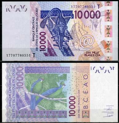 Валютный Союз Стран Западной Африки, Того 10000 франков 2003 гиря, спутниковая антенна, птица турако Pick 818Ta  бумага  UNC (пресс) 451-683-2