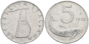 Италия 5 лир 1955 R, плуг, дельфин KM 92 алюминий 4585-969
