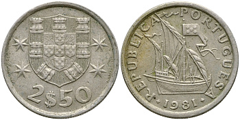ПОРТУГАЛИЯ 2,5 ЭСКУДО 1981 ПАРУСНИК KM 590 медно-никель 4387-125
