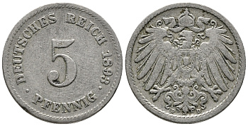 ГЕРМАНИЯ 5 ПФЕННИГОВ 1893 D KM 11, J. 12 медно-никель 39-654