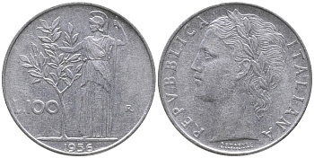 ИТАЛИЯ 100 ЛИР 1956 R, АФИНА KM 96.1 нержавеющая сталь 32-621