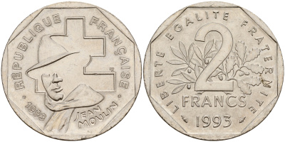 Франция 2 франка 1993 Жан Мулен, 50 лет Национальному движению сопротивления KM 1062, Le Franc 273.2 никель 4601-922