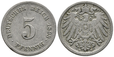ГЕРМАНИЯ 5 ПФЕННИГОВ 1893 D KM 11, J. 12 медно-никель 39-654