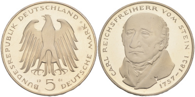 ФРГ 5 марок 1981 G, 150 лет со дня смерти Карла фон Штейна KM 155, J. 430 медно-никель плакированный никелем плакированный никелем PROOF 02-265-33
