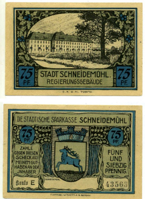 Шнейдемюль (SCHNEIDEMUHL) 75 пфеннигов 1922 нотгельд (KONTO Е), земля Померания Grabowski 1191.1b бумага 2196-1-1-2