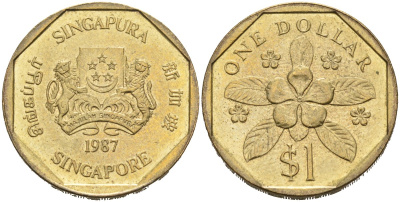 Сингапур 1 доллар 1987 барвинок KM 54b алюминиевая бронза 4575-1051