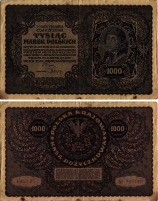 ПОЛЬША 1000 МАРОК 1919 23 АВГУСТА 1919, ТРЕТИЙ ВЫПУСК, ПОРТРЕТ КОСТЮШКО Pick 29 бумага VF 8607-19-1