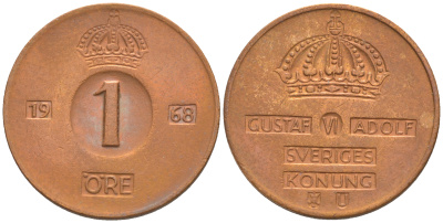 Швеция 1 эре 1968 Густав VI Адольф (1950-1973) KM 820 бронза 187-813