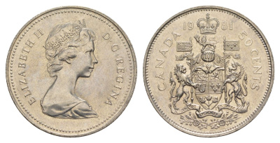 Канада 50 центов 1981 Елизавета II (1952-2022), герб KM 75 никель UNC 4631-1016
