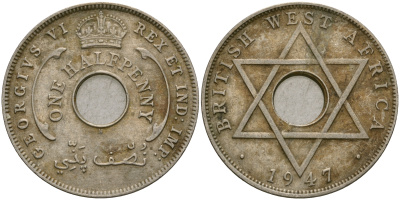 Британская Западная Африка 1/2 пенни 1947 H, Георг VI KM 18 медно-никель 25-1042