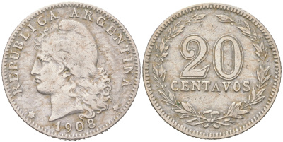 Аргентина 20 сентаво 1908 редкий год KM 36 медно-никель 4044-1441