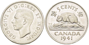 Канада 5 центов 1941 бобр, Георг VI (1937-1952) KM 33 никель 4448-855
