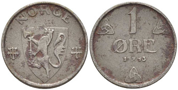 НОРВЕГИЯ 1 ЭРЕ 1943 ХОКОН VII (1905-1957), вторая мировая война KM 387 железо 3309-717