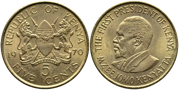 Кения 5 центов 1970 Джомо Кениата KM 10 никель латунь 4529-942