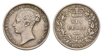 Великобритания 6 пенсов 1855 Виктория (1837-1901) KM 733.1, Spink 3908 серебро 443-1521
