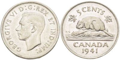 Канада 5 центов 1941 бобр, Георг VI (1937-1952) KM 33 никель 4448-855