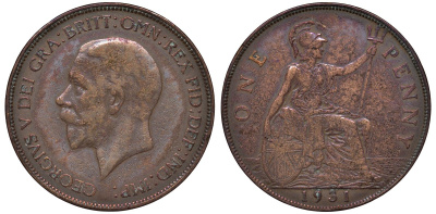 Великобритания 1 пенни 1931 Георг V (1910-1936) KM 838, Spink 4055 бронза 4131-421