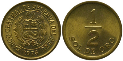 Перу 1/2 соль 1975 KM 265, Schon 65 латунь 4532-245