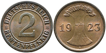 ГЕРМАНИЯ 2 РЕНТЕНПФЕННИГА 1923 F, ВЕЙМАРСКАЯ РЕСПУБЛИКА (1919-1933) KM 31, Jager 307, Weege 3 бронза aUNC 4546-822