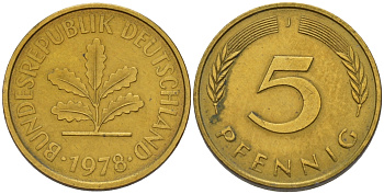 ФРГ 5 ПФЕННИГОВ 1978 J KM 107, J.382 сталь плакированная латунью 66-445
