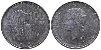 Италия 100 лир 1979 R, FAO, корова с теленком KM 106 нержавеющая сталь 83-1924