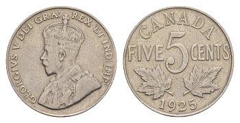 Канада 5 центов 1925 Георг V (1910-1936), редкий год - 201.921 экземпляров KM 29 никель 1518-1513
