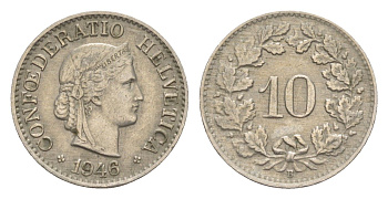 Швейцария 10 раппенов 1946 B KM 27 медно-никель 4532-1152