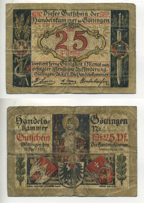 ГЁТТИНГЕН 25 ПФЕННИГОВ 1917/ 1919 НОТГЕЛЬД, ЗЕМЛЯ НИЖНЯЯ САКСОНИЯ, 26 АПРЕЛЯ 1917 (1919) ГЕРБЫ Grabowski G 25.3 бумага 7221-65-3
