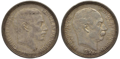 Дания 2 кроны 1912 VBP; АН, 14 мая 1912 на смерть Фредерика VIII и восшествию на престол Кристиана X KM 811 серебро 1522-645
