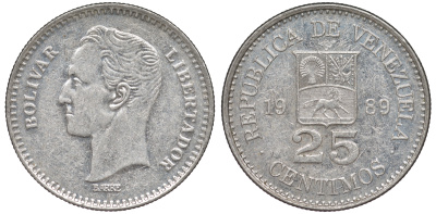 Венесуэла 25 сентимо 1989 Симон Боливар KM 50а сталь плакированная никелем 4594-427
