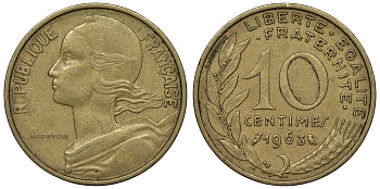 Франция 10 сантимов 1963 тип Marianne KM 929, Le Franc 144.3 медь алюминий никель 4128-153