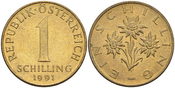 Австрия 1 шиллинг 1991 KM 2886 алюминиевая бронза 4575-351