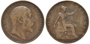 Великобритания 1 пенни 1908 Эдуард VII (1901-1910) KM 794.2, Sp 3990 бронза 4165-713