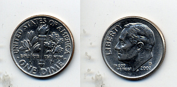 США 10 ЦЕНТОВ = 1 ДАЙМ 2002 РУЗВЕЛЬТ KM 195a медь плакированная медно-никелем 4388-1147