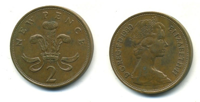 Великобритания 2 пенса 1980 Елизавета II (1952-2022) KM 916, Spink 4235 (C1) бронза 59-1312