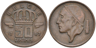 Бельгия 50 сантимов 1967 Belgie, Бодуэн I (1951-1993) KM 149.1 бронза 4564-156